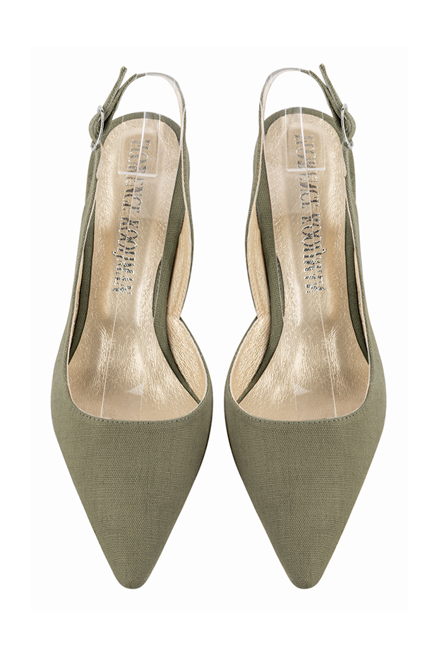 Khaki green women's slingback shoes. Pointed toe. Medium flare heels. Top view - Florence KOOIJMAN